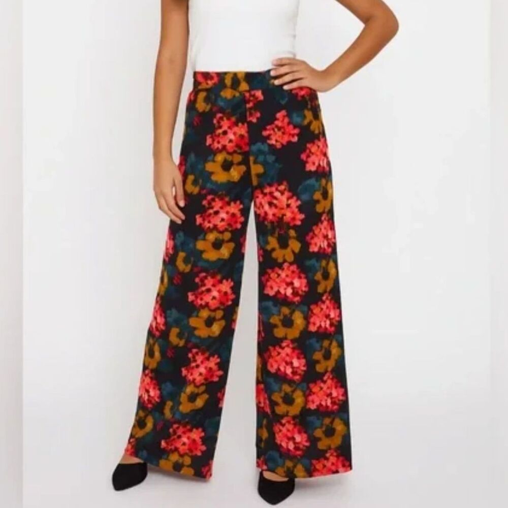 Abercrombie & Fitch Floral Wide Leg Flowy Colorful Pants Black Flat Front Size 2